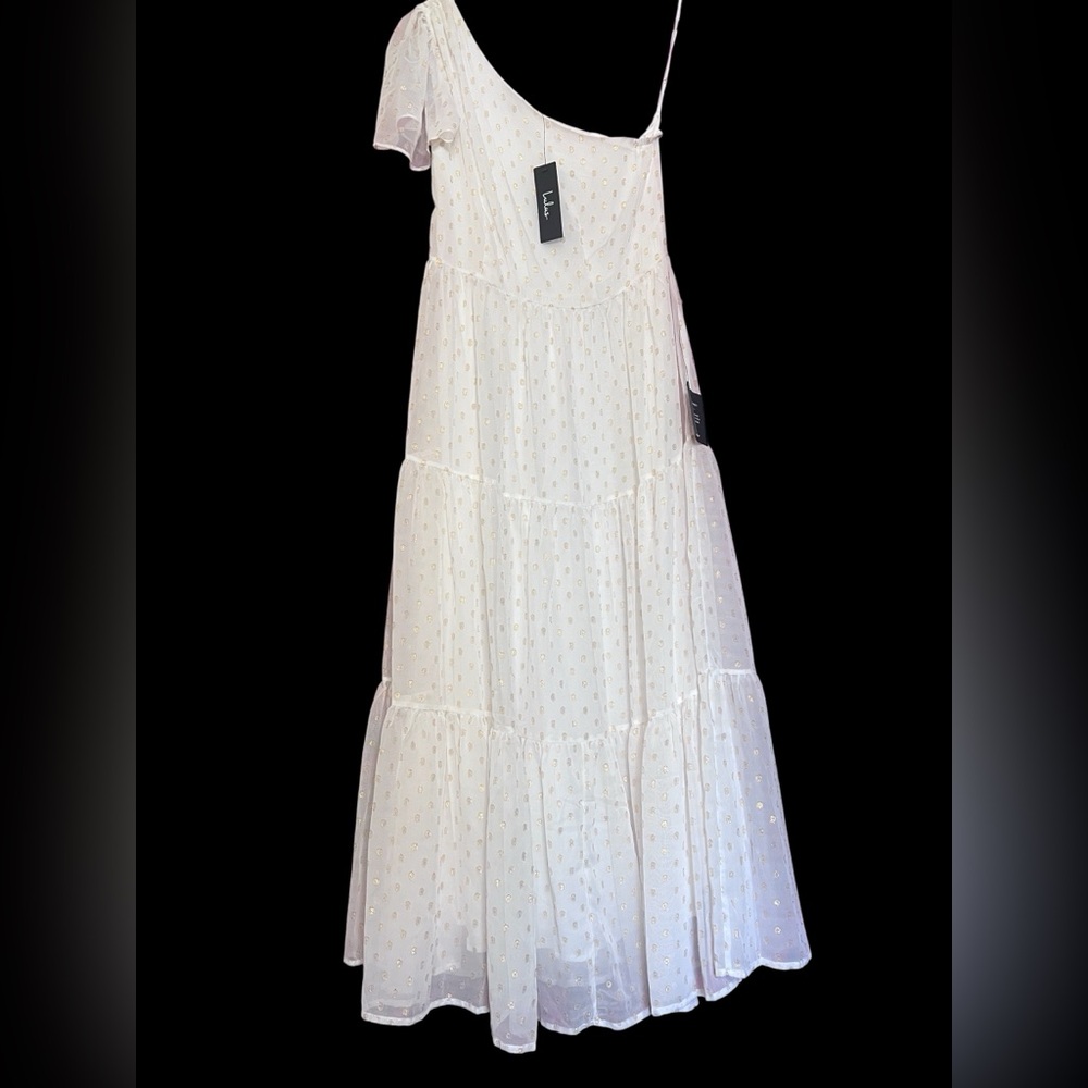 Lulu's White One Shoulder Maxi Dress with Gold Foil Polka Dots Women SM NWT